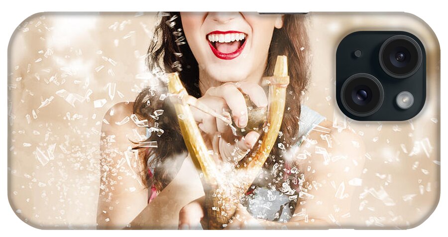 Target iPhone Case featuring the photograph Pinup woman shooting rocks with toy slingshot by Jorgo Photography