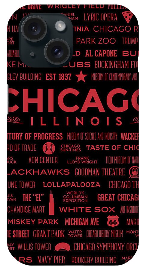 Chicago iPhone Case featuring the digital art Places of Chicago on Red on Black by Christopher Arndt