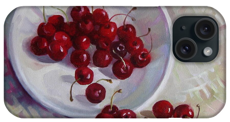 Cherries iPhone Case featuring the painting Plate with cherries by Elena Oleniuc