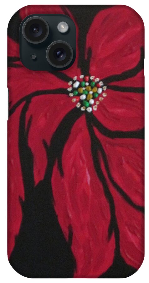 Abstract Poinsettia Christmas Holiday Season Flower Joy Happy Black Red White Green Gold iPhone Case featuring the painting Poinsettia - The Season by Sharyn Winters
