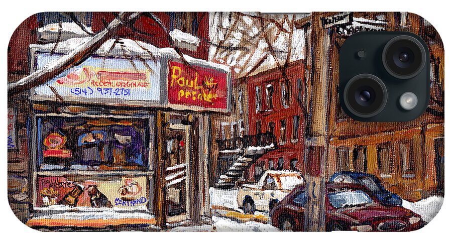 Montreal iPhone Case featuring the painting Pointe St Charles Montreal Winter Scene Painting Paul Patates Restaurant At Coleraine And Charlevoix by Carole Spandau