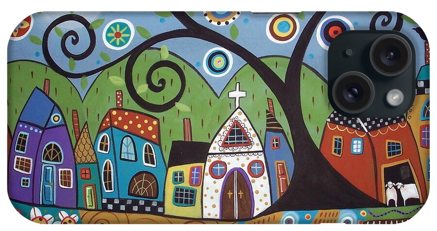 Church Saltboxes Houses Village Town Tree Swirl Tree Painting Acrylic Painting Buy Art Buy Prints Sheep Barn Houses Folk Art Abstract Modern Art Contemporary Painting Original Painting Colorful Art Unique Painting Colorful Houses Blooming Tree Flowering Tree Blackbird Karla G Stripes Swirls Mountains Pillows Prints For Sale iPhone Case featuring the painting Polkadot Church by Karla Gerard