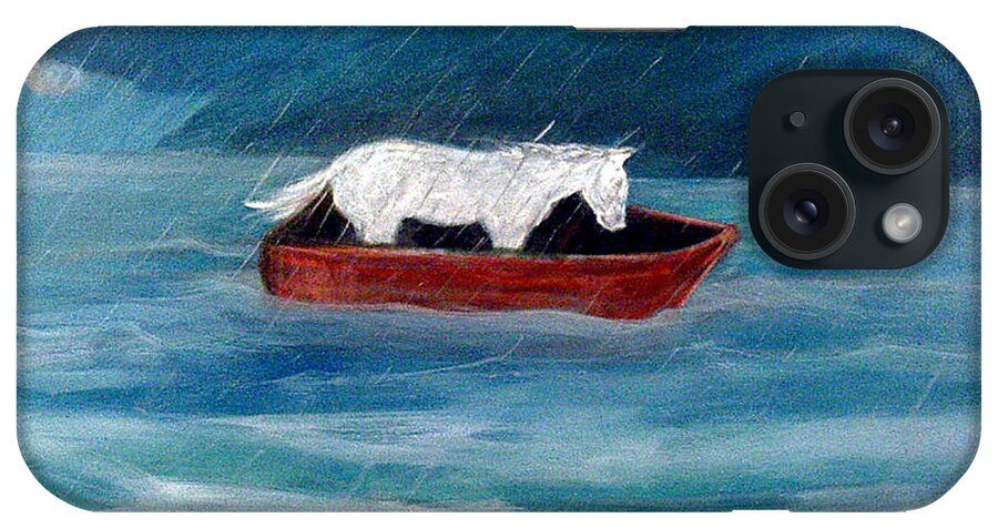 Katt Yanda Original Art Landscape Oil Painting Canvas White Pony Red Boat Ocean Sea Rain Storm Clouds Waves iPhone Case featuring the painting Pony in a Red Boat by Katt Yanda