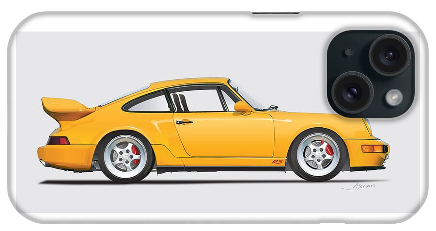 Porsche 964 Carrera Rs Illustration iPhone Case featuring the digital art Porsche 964 Carrera RS illustration in yellow. by Alain Jamar