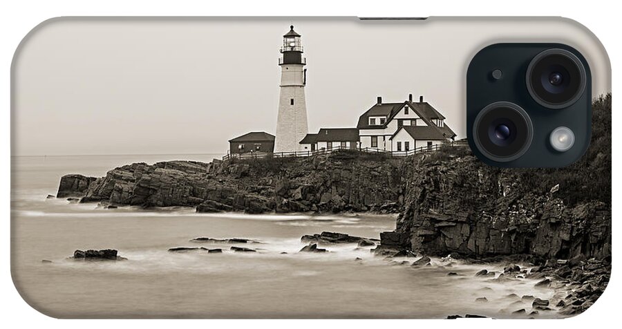 Vacationland iPhone Case featuring the photograph Portland Head Lighthouse foggy morning Sepia by David Smith