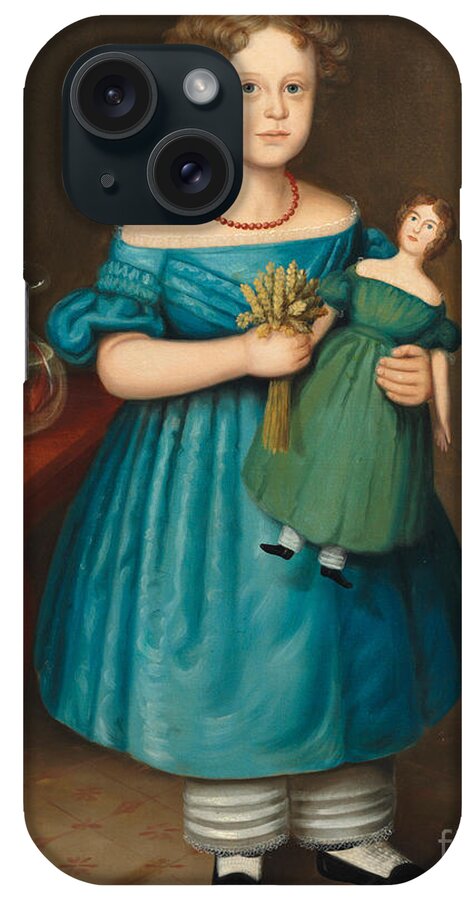 Girl iPhone Case featuring the painting Portrait of Amy Philpot in a Blue Dress with Doll and Goldfish by Joseph Whiting Stock