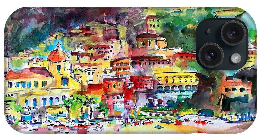Amalfi Coast iPhone Case featuring the painting Amalfi Coast Positano Summer Fun Watercolor Painting by Ginette Callaway