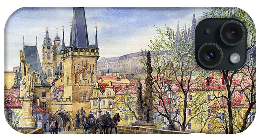 Watercolour iPhone Case featuring the painting Prague Charles Bridge Spring by Yuriy Shevchuk