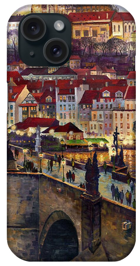Prague iPhone Case featuring the painting Prague Charles Bridge with the Prague Castle by Yuriy Shevchuk