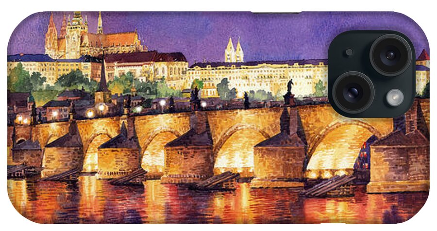 Watercolour iPhone Case featuring the painting Prague Night Panorama Charles Bridge by Yuriy Shevchuk