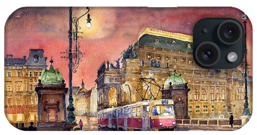 Bridge iPhone Case featuring the painting Prague Night Tram National Theatre by Yuriy Shevchuk
