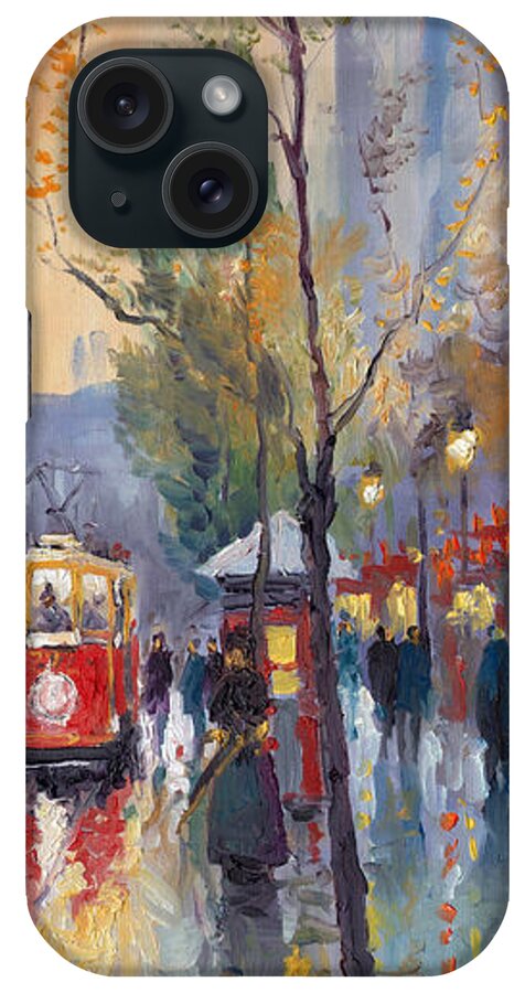 Prague iPhone Case featuring the painting Prague Old Tram Vaclavske Square by Yuriy Shevchuk