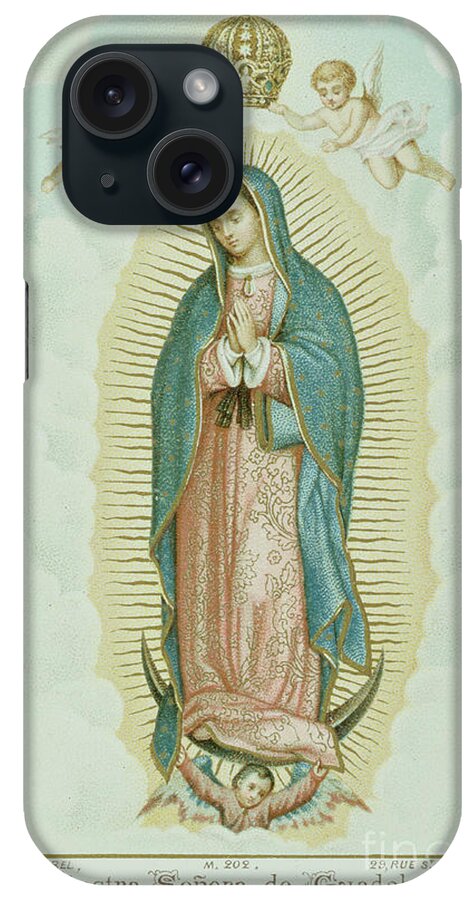 Virgin Of Guadalupe iPhone Case featuring the painting Prayer card depicting Our Lady of Guadalupe by French School