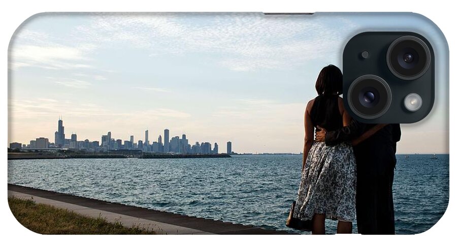 President iPhone Case featuring the painting President Barack Obama and First Lady Michelle Obama look out at the Chicago, Ill., skyline by Celestial Images