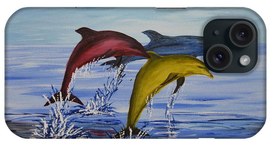 Dolphin iPhone Case featuring the painting Primary Dolphins by Eric Johansen