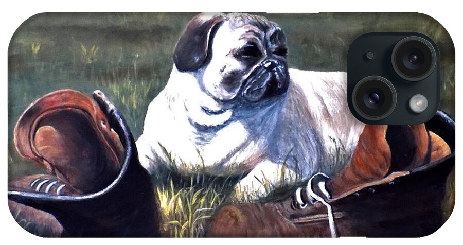 Pug iPhone Case featuring the painting Pug and Boots by Judy Kirouac