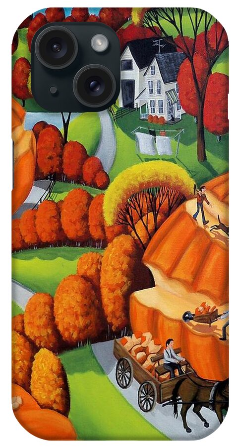 Pumpkin iPhone Case featuring the painting Pumpkin Harvest - surreal folk art landscape by Debbie Criswell