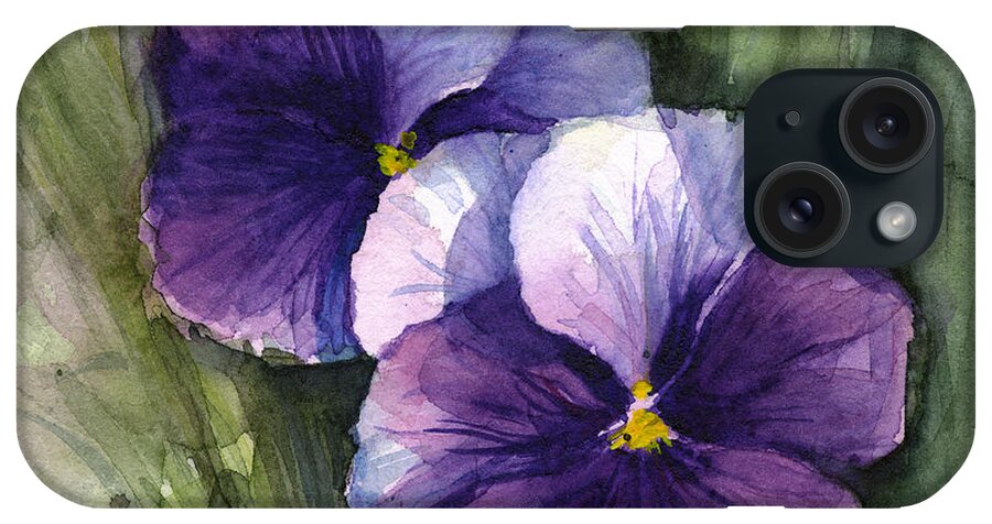 Pansy iPhone Case featuring the painting Purple Pansies Watercolor by Olga Shvartsur