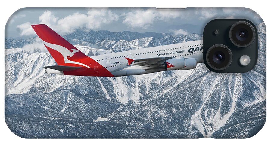 Qantas Airlines iPhone Case featuring the mixed media Qantas Airlines Airbus A380-800 #2 by Erik Simonsen