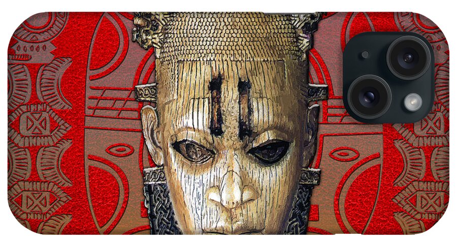 'treasures Of Africa' Collection By Serge Averbukh iPhone Case featuring the digital art Queen Mother Idia - Ivory Hip Pendant Mask - Nigeria - Edo Peoples - Court of Benin on Red Leather by Serge Averbukh