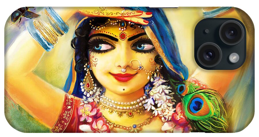 Krishna iPhone Case featuring the painting Radha and bumblebee by Lila Shravani