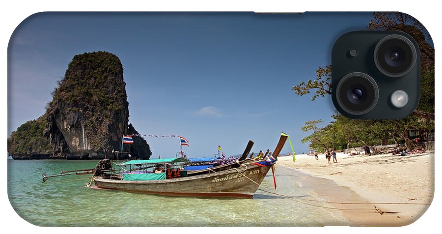 Railay Beach iPhone Case featuring the photograph Railay Beach, Phra Nang Beach, Long-tail Boat and Cliff by Aivar Mikko
