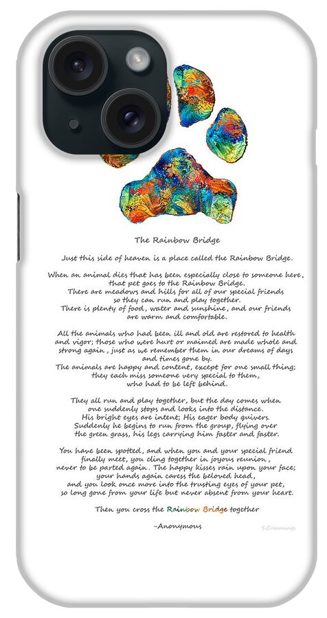 Rainbow Bridge iPhone Case featuring the painting Rainbow Bridge Poem With Colorful Paw Print by Sharon Cummings by Sharon Cummings
