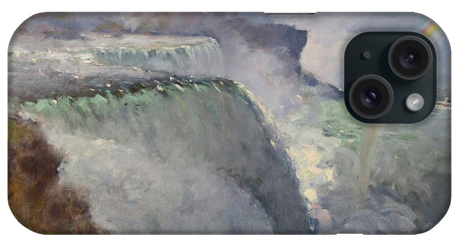 Rainbow iPhone Case featuring the painting Rainbow over the Falls by Ylli Haruni