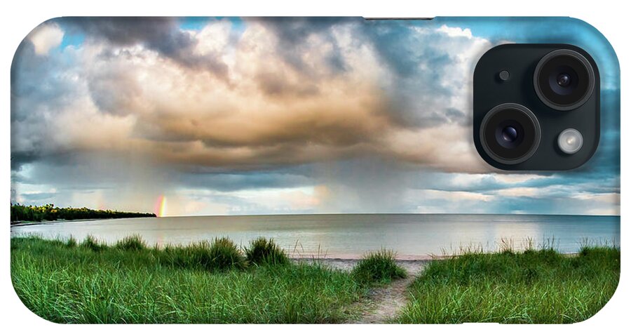 #wisconsin #outdoor #fineart #landscape #photograph #wisconsinbeauty #doorcounty #doorcountybeauty #passionforphotography #sony #canon #tripodallways #beautyofnature #history #metalman #passionformonotone #homeandofficedecor #streamingmedia #doorcountyusa #portagebay #lookeastatsunset #rainbows #hdrimage #sandypath #beachgrass #dramaticclouds iPhone Case featuring the photograph Rainbow Sunset by David Heilman