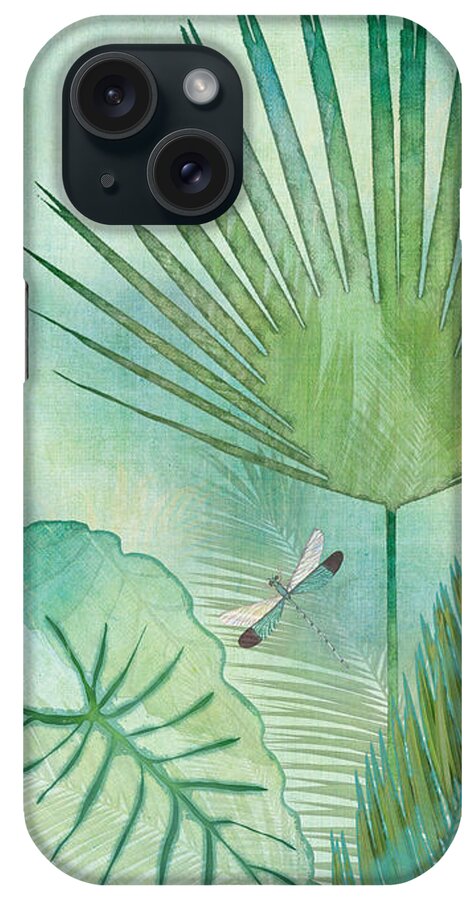 Jungle iPhone Case featuring the painting Rainforest Tropical - Elephant Ear and Fan Palm Leaves w Botanical Dragonfly by Audrey Jeanne Roberts