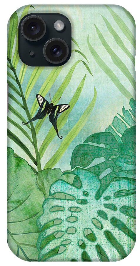 Jungle iPhone Case featuring the painting Rainforest Tropical - Philodendron Elephant Ear and Palm Leaves w Botanical Butterfly by Audrey Jeanne Roberts