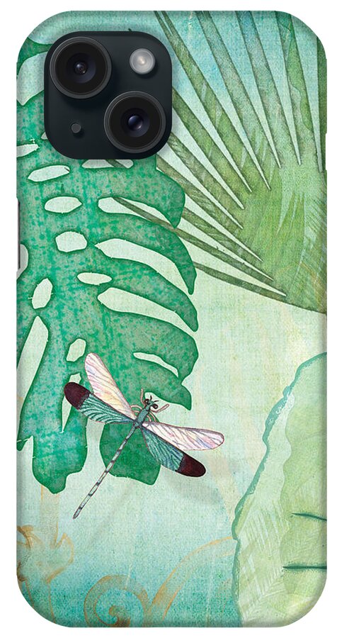 Jungle iPhone Case featuring the painting Rainforest Tropical - Philodendron Elephant Ear and Palm Leaves w Botanical Dragonfly 2 by Audrey Jeanne Roberts