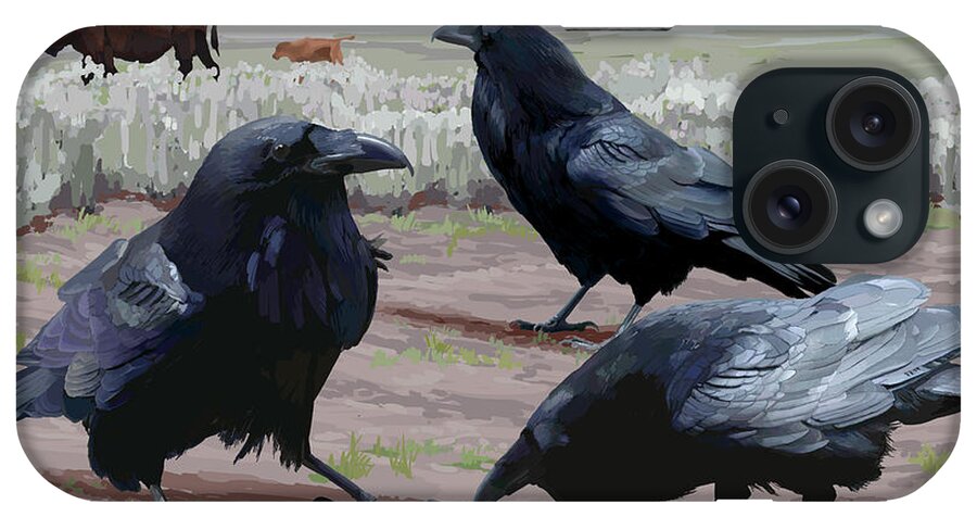 Birds iPhone Case featuring the painting Raven Gathering by Pam Little