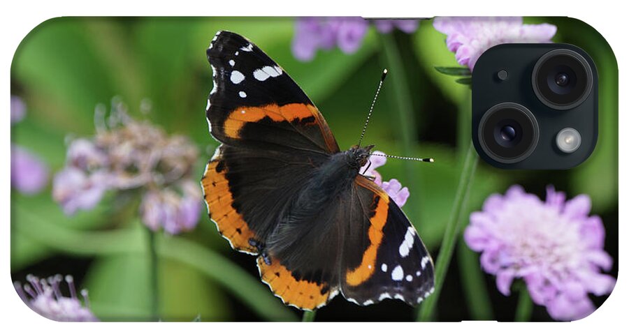 Red Admiral Butterfly iPhone 15 Case featuring the photograph Red Admiral Butterfly and Pincushion Flower by Robert E Alter Reflections of Infinity