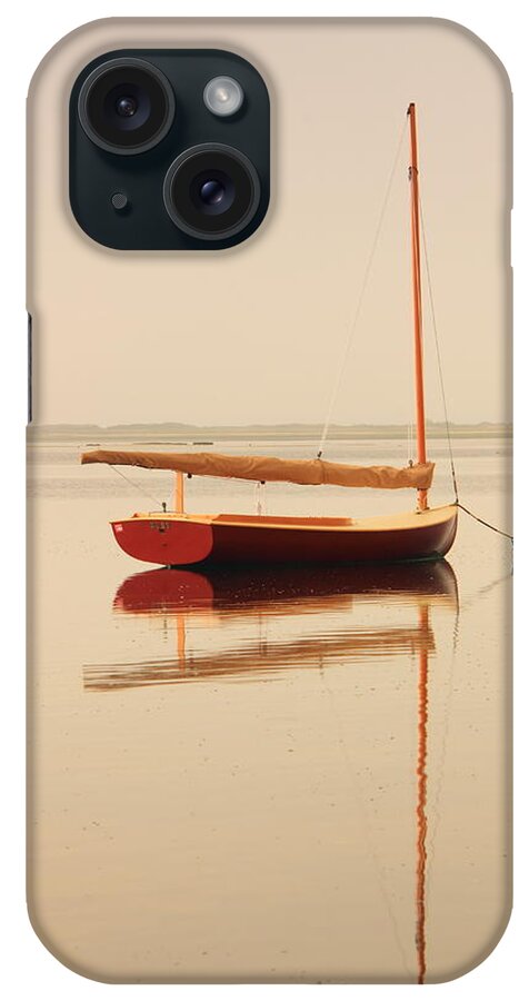 Catboat iPhone Case featuring the photograph Red Catboat on Misty Harbor by Roupen Baker