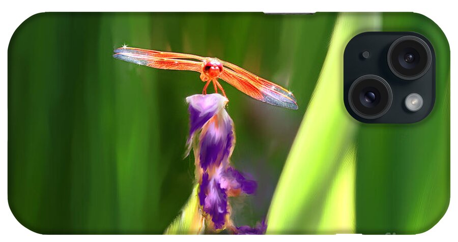Dragonfly iPhone Case featuring the painting Red Dragonfly on Purple Flower by Lisa Redfern