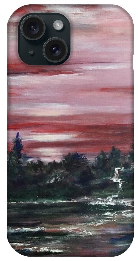 Sun Set . Red Atmosphere . Lake And Trees. Water Falls iPhone Case featuring the painting Red sun set by Laila Awad Jamaleldin