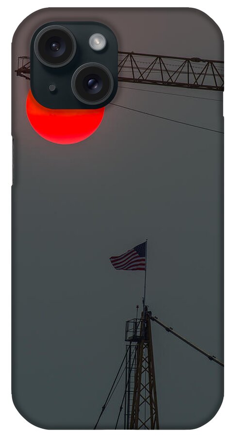 Red Sun iPhone Case featuring the photograph Red Sun with Crane by Hisao Mogi