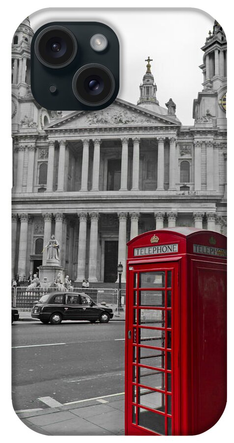Black And White And Red iPhone Case featuring the photograph Red telephone boxes in London by Gary Eason