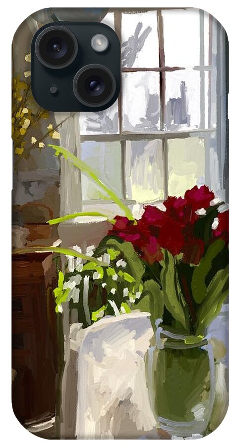 Red Tulips iPhone Case featuring the painting Red Tulips and Forsythia in East Gloucester, MA Dining Room by Melissa Abbott