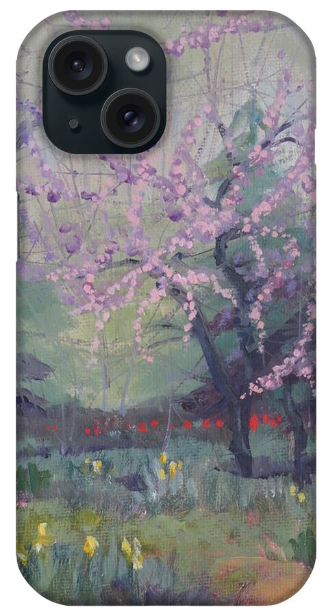 Redbuds iPhone Case featuring the painting Redbuds and Tulips by Judy Fischer Walton