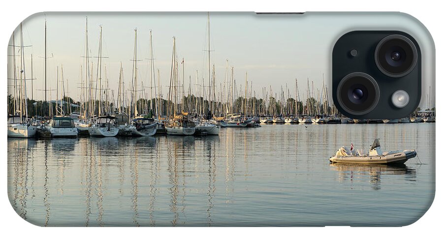 Reflecting On Yachting iPhone Case featuring the photograph Reflecting on Yachting - Pastel Morning at the Marina by Georgia Mizuleva