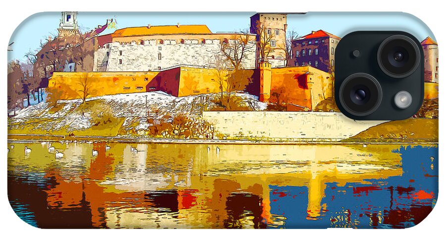 Kraków iPhone Case featuring the digital art Reflections of Wawel, Krakow Castle, Poland from the Vistula Riv by Anthony Murphy