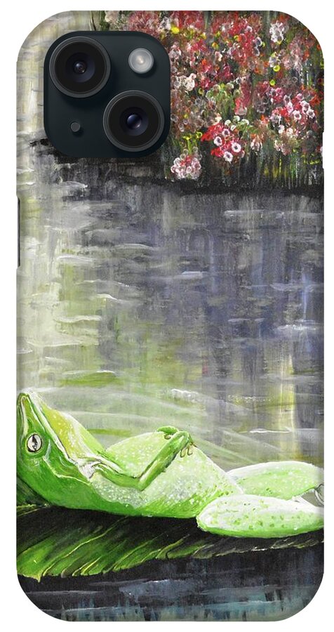 Art iPhone Case featuring the painting Relaxing Frog in a Sunny Pond by Medea Ioseliani