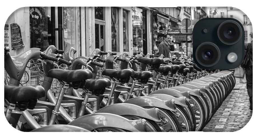 Black And White iPhone Case featuring the photograph Rental bikes in Paris by Patricia Hofmeester