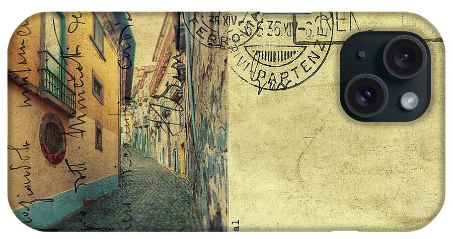 Postcard iPhone Case featuring the digital art retro postcard of Porto, Portugal by Ariadna De Raadt