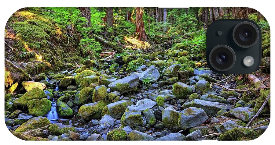 Wallpaper iPhone Case featuring the photograph Riverbed full of mossy stones with small cascade by Kyle Lee