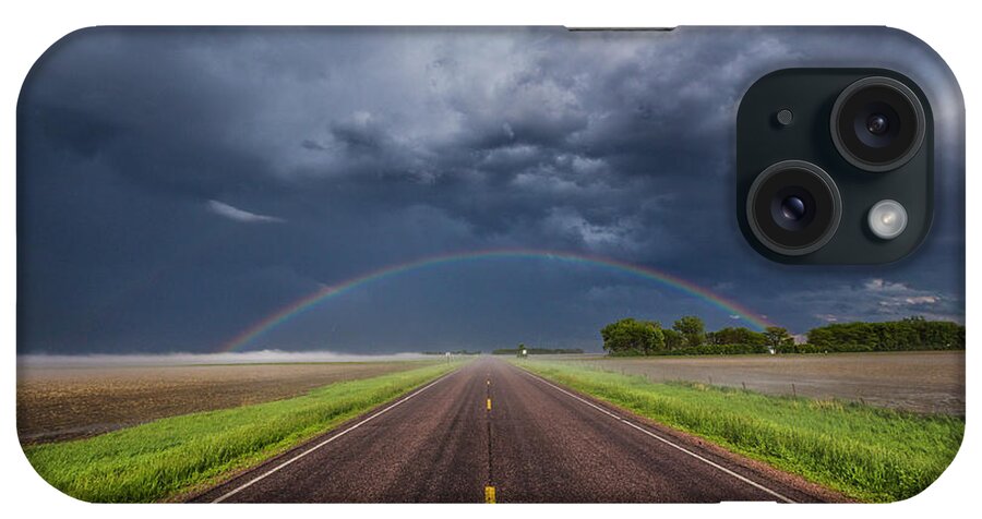 #500px #aaron J. Groen #backside #beautiful #cloud #clouds #crazy #eastern #hail Fog iPhone Case featuring the photograph Road to Nowhere - Rainbow by Aaron J Groen