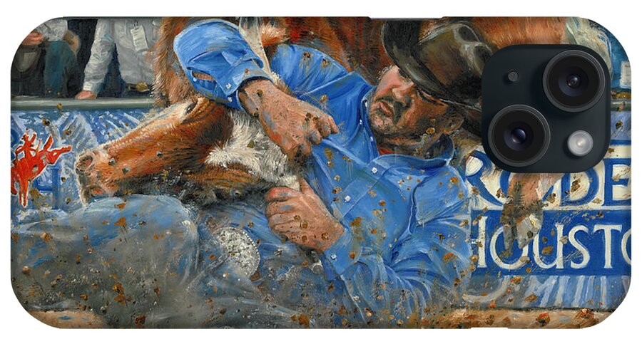 Rodeo Houston iPhone Case featuring the painting Rodeo Houston --Steer Wrestling by Doug Kreuger