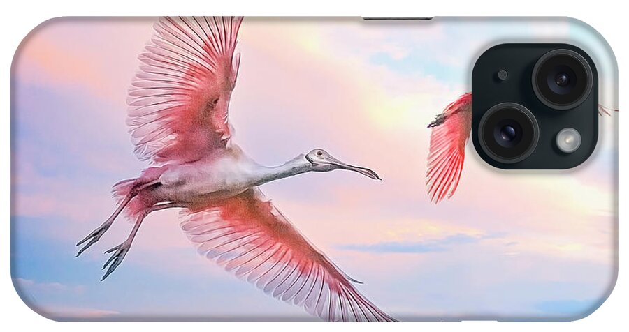 Roseate Spoonbill iPhone Case featuring the photograph Roseate Spoonbills in flight. by Brian Tarr